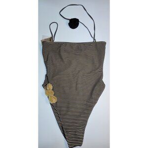 Striped Black and Cream One-Piece Swimsuit with Floral Accents